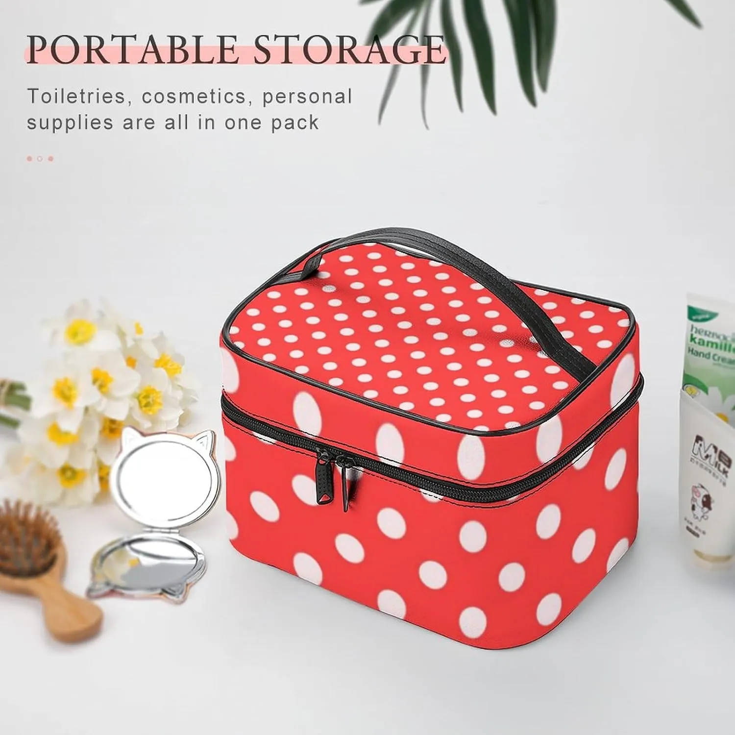 Makeup Bag, Coral White Polka Dots Travel Cosmetic Bag Makeup Organizer Case Large Capacity Portable Zipper Toiletry Bag for Women