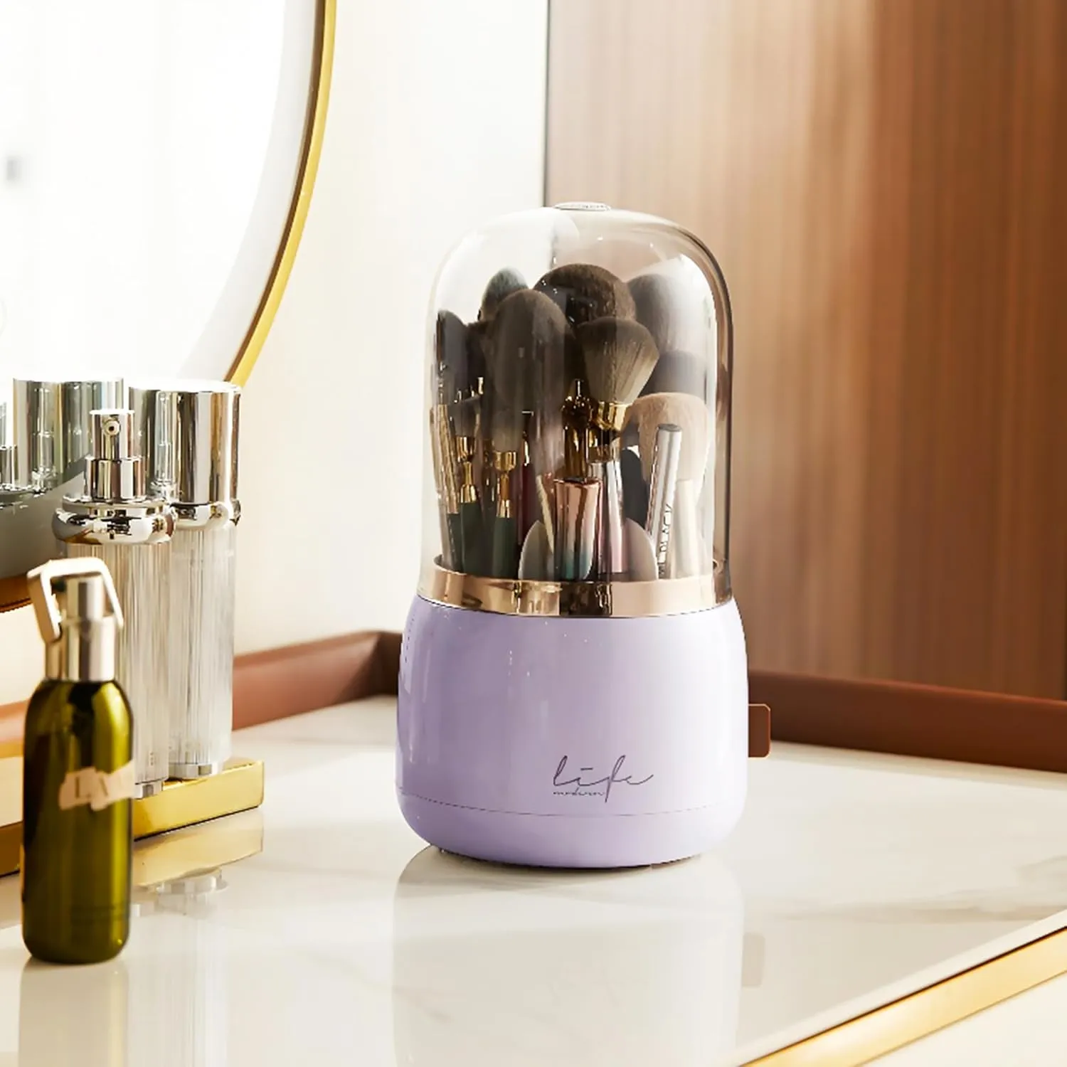 Makeup Brush Holder, 360 Rotating Makeup Brush Organizer with Lid, 7 Slot Brushes Organizer for Countertop Cosmetic Display and Storage, Purple