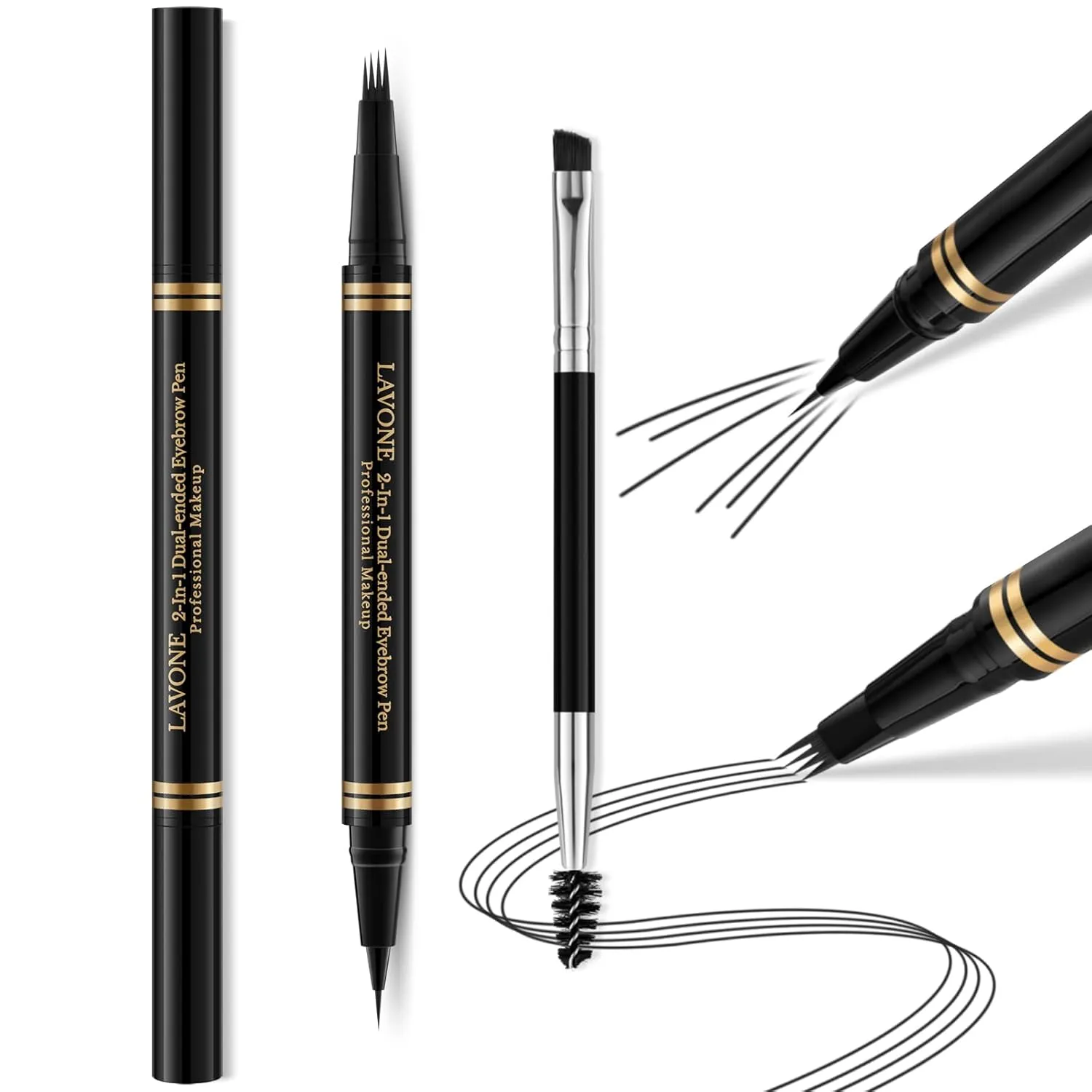 Makeup Kit with 4 Tip Waterproof Microblading Eyebrow Pencil, Eyeliner, Pomade and Dual-ended Eyebrow Brush - Black