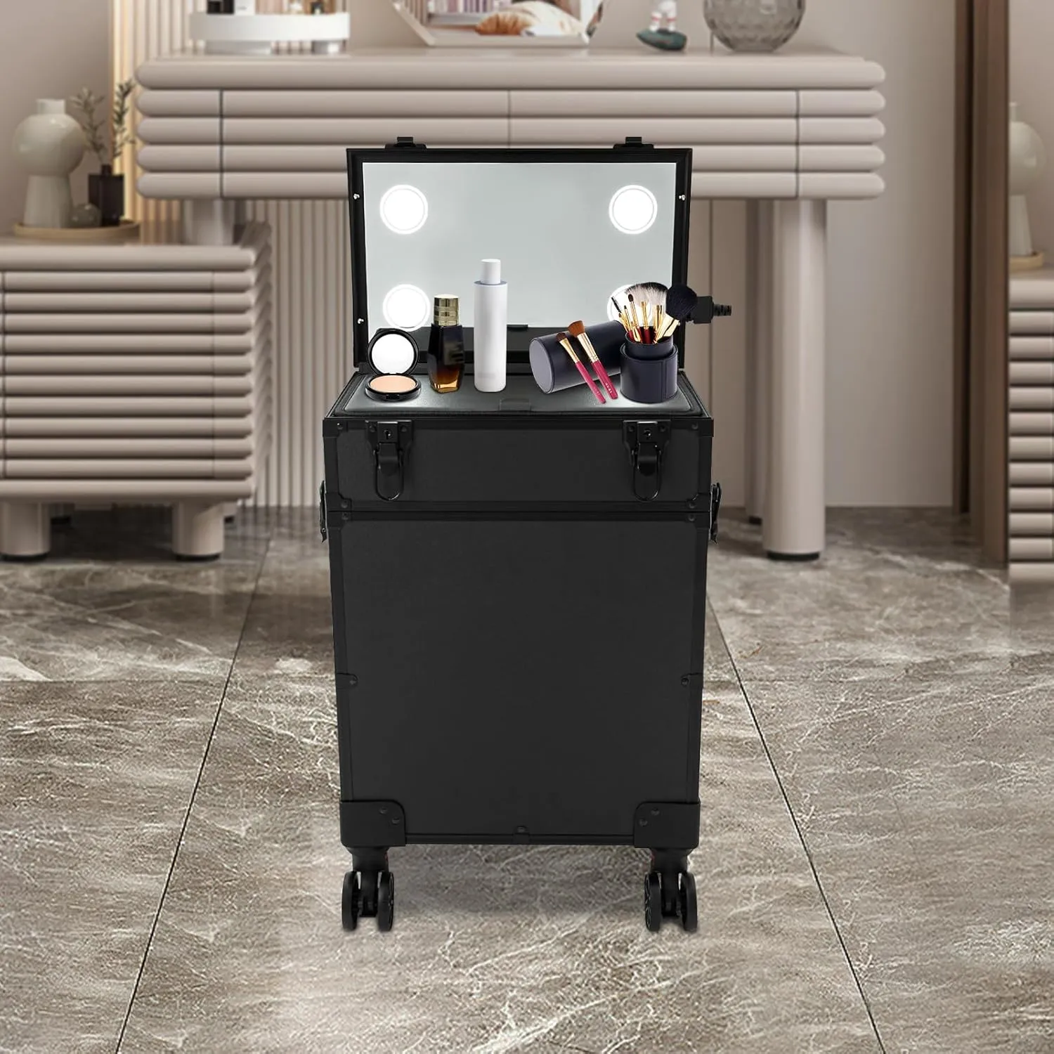 Makeup Train Case, 4 in 1 Rolling Makeup Train Case 3 Tiers Aluminum Makeup Train Case with Mirror of 3 Color LED Lighted, Rolling Cosmetic Trolley Travel Organizer with 360° Swivel Wheels (Black)