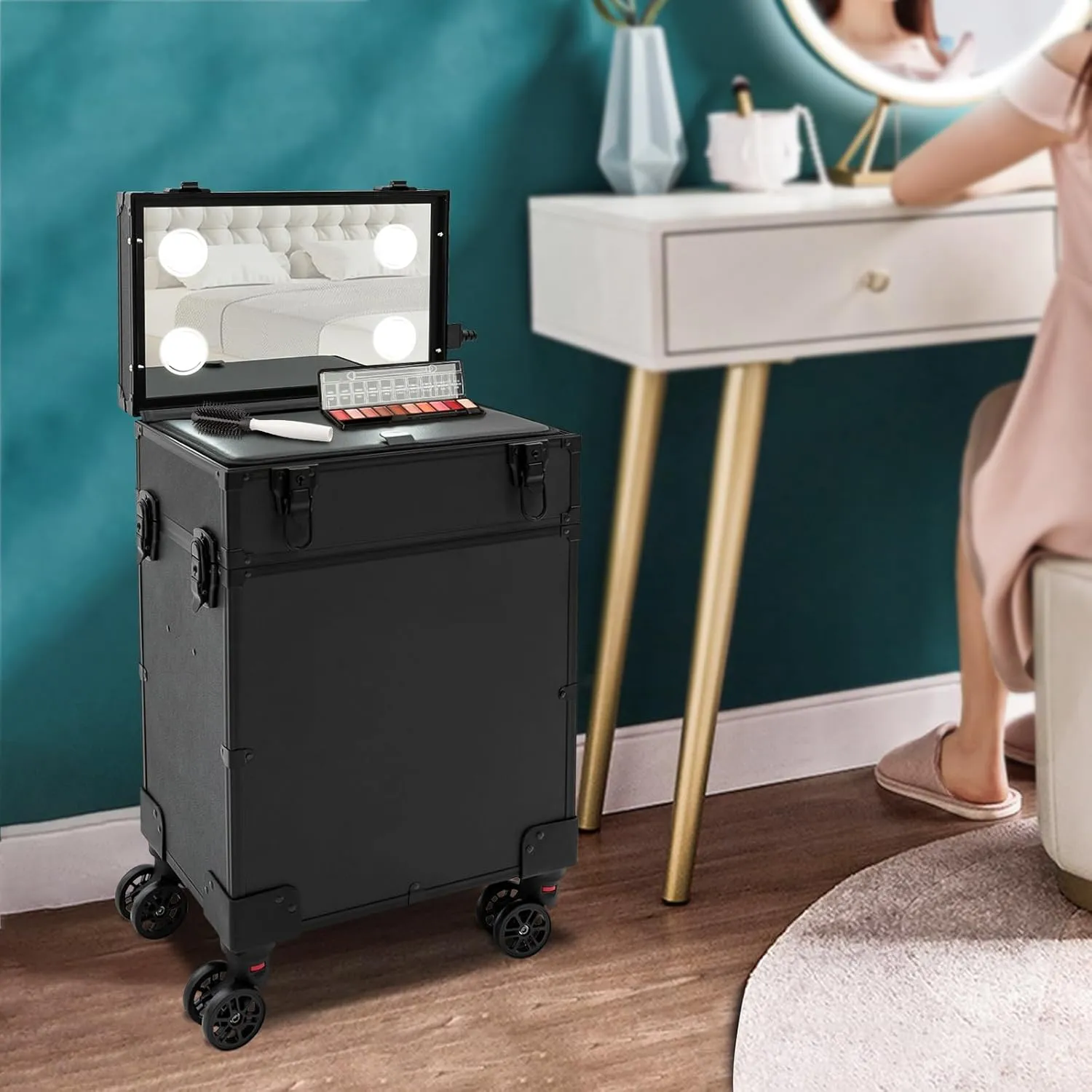 Makeup Train Case, 4 in 1 Rolling Makeup Train Case 3 Tiers Aluminum Makeup Train Case with Mirror of 3 Color LED Lighted, Rolling Cosmetic Trolley Travel Organizer with 360° Swivel Wheels (Black)