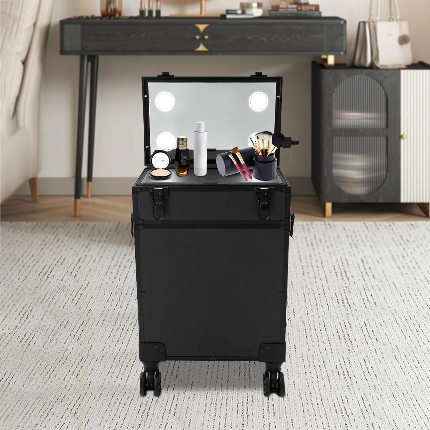 Makeup Train Case, 4 in 1 Rolling Makeup Train Case 3 Tiers Aluminum Makeup Train Case with Mirror of 3 Color LED Lighted, Rolling Cosmetic Trolley Travel Organizer with 360° Swivel Wheels (Black)