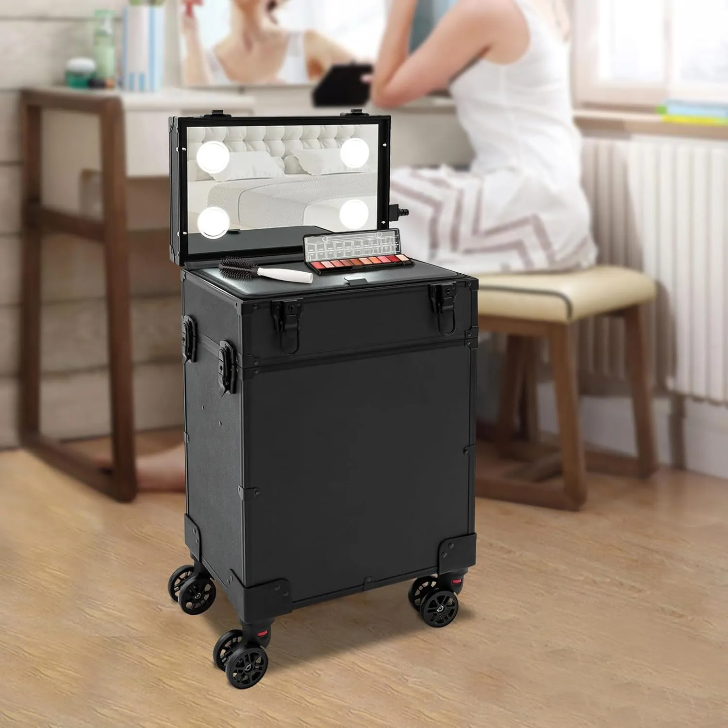 Makeup Train Case, 4 in 1 Rolling Makeup Train Case 3 Tiers Aluminum Makeup Train Case with Mirror of 3 Color LED Lighted, Rolling Cosmetic Trolley Travel Organizer with 360° Swivel Wheels (Black)