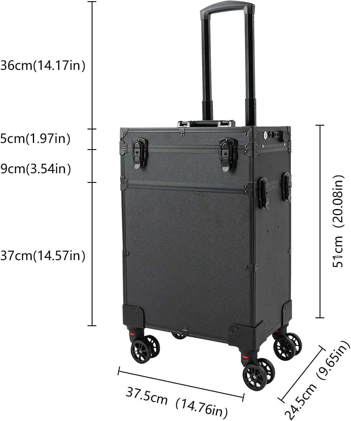 Makeup Train Case, 4 in 1 Rolling Makeup Train Case 3 Tiers Aluminum Makeup Train Case with Mirror of 3 Color LED Lighted, Rolling Cosmetic Trolley Travel Organizer with 360° Swivel Wheels (Black)