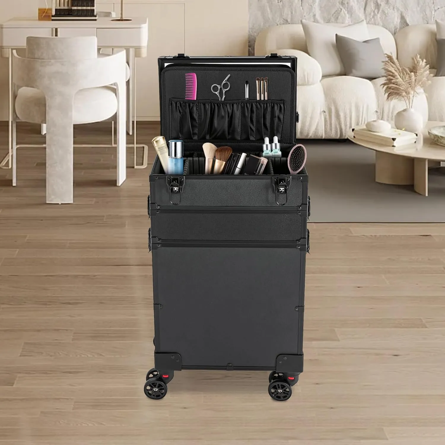 Makeup Train Case, 4 in 1 Rolling Makeup Train Case 4 Tiers Aluminum Makeup Train Case with Mirror of 3 Color LED Lighted, Rolling Cosmetic Trolley Travel Organizer with 360° Swivel Wheels (Black)