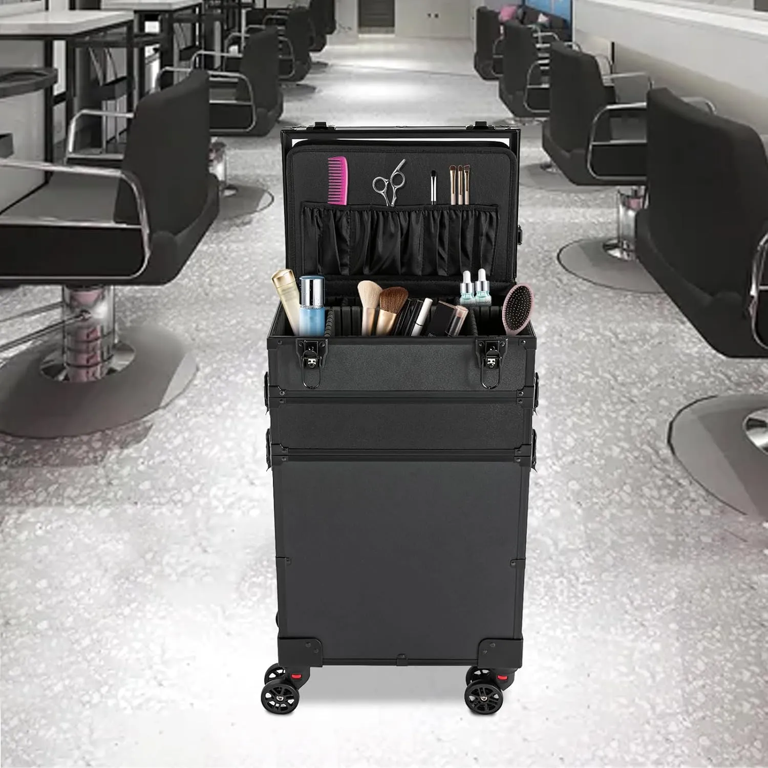Makeup Train Case, 4 in 1 Rolling Makeup Train Case 4 Tiers Aluminum Makeup Train Case with Mirror of 3 Color LED Lighted, Rolling Cosmetic Trolley Travel Organizer with 360° Swivel Wheels (Black)
