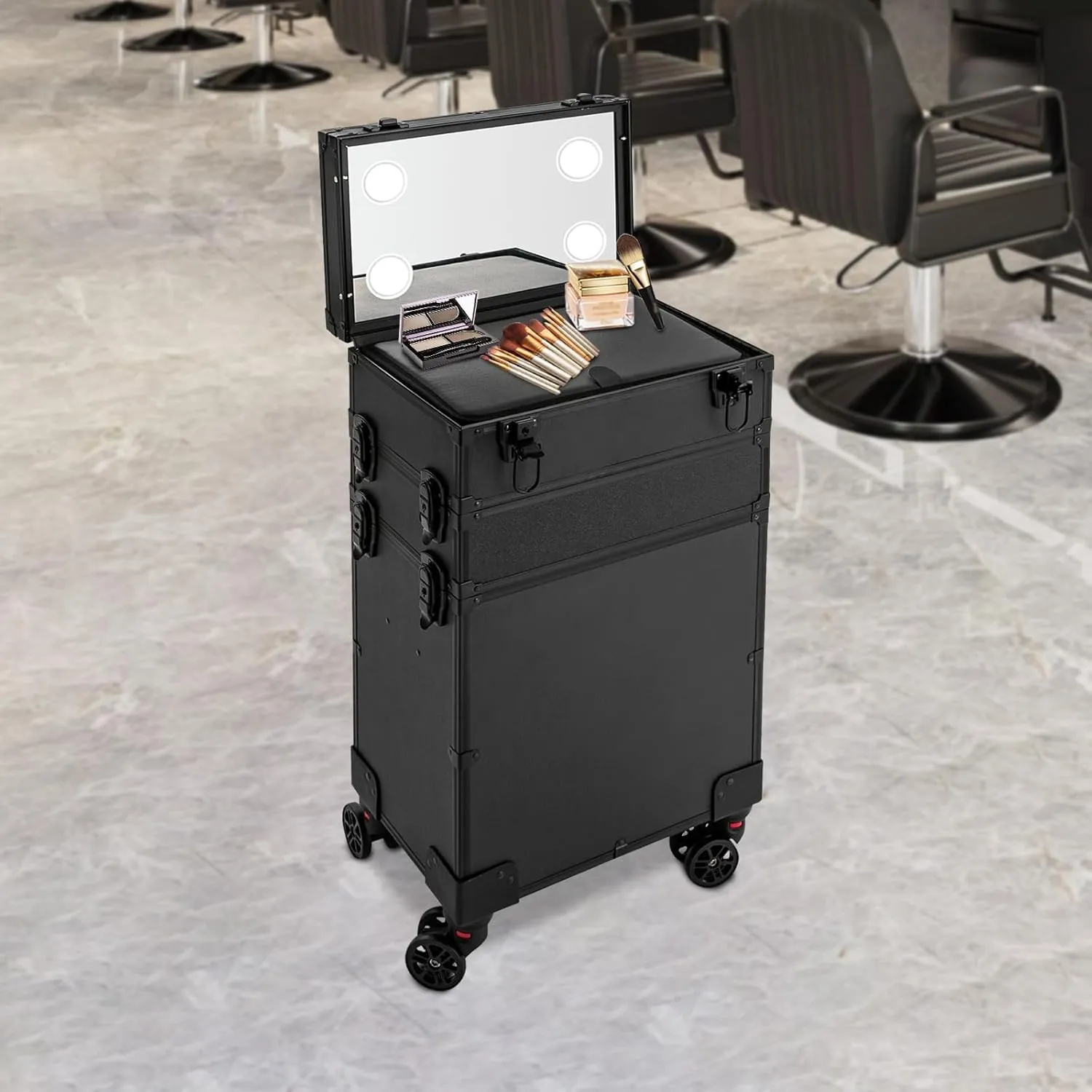Makeup Train Case, 4 in 1 Rolling Makeup Train Case 4 Tiers Aluminum Makeup Train Case with Mirror of 3 Color LED Lighted, Rolling Cosmetic Trolley Travel Organizer with 360° Swivel Wheels (Black)