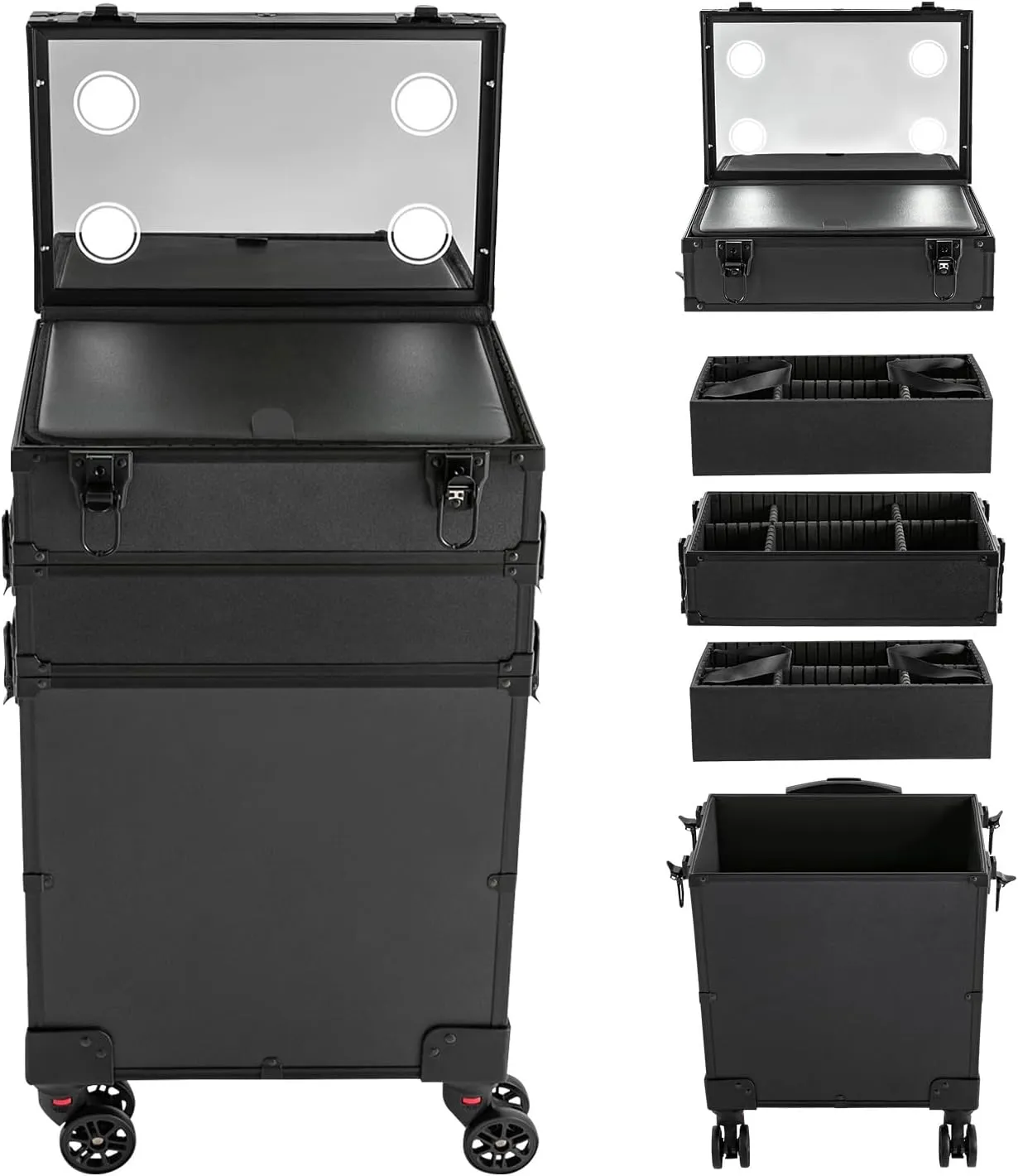 Makeup Train Case, 4 in 1 Rolling Makeup Train Case 4 Tiers Aluminum Makeup Train Case with Mirror of 3 Color LED Lighted, Rolling Cosmetic Trolley Travel Organizer with 360° Swivel Wheels (Black)