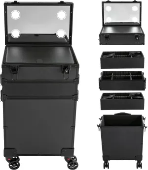 Makeup Train Case, 4 in 1 Rolling Makeup Train Case 4 Tiers Aluminum Makeup Train Case with Mirror of 3 Color LED Lighted, Rolling Cosmetic Trolley Travel Organizer with 360° Swivel Wheels (Black)