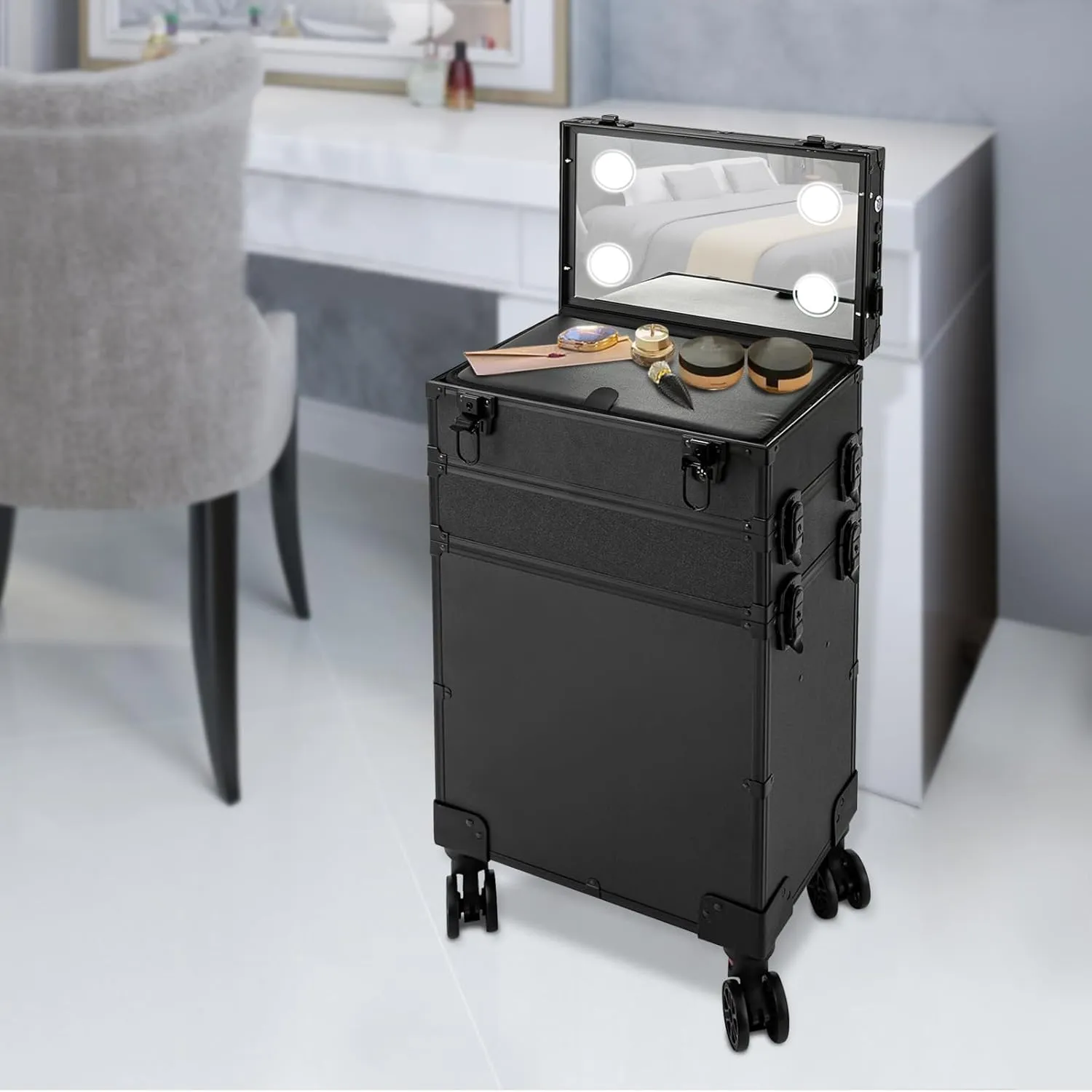 Makeup Train Case, 4 in 1 Rolling Makeup Train Case 4 Tiers Aluminum Makeup Train Case with Mirror of 3 Color LED Lighted, Rolling Cosmetic Trolley Travel Organizer with 360° Swivel Wheels (Black)
