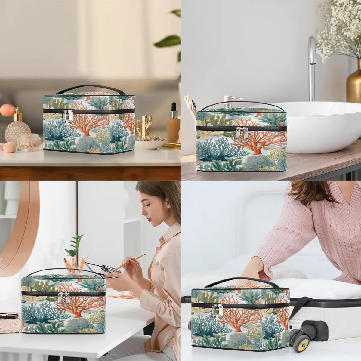 Makeup Bag Large Coastal Coral Toiletry Bag for Women Travel Cosmetic Bag Portable Makeup Bag for Bottles Brushes Lipstick Skin Care