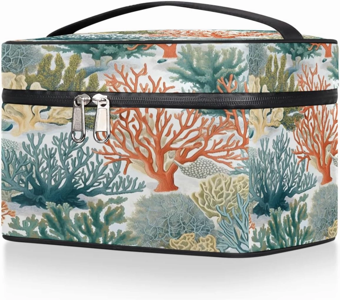 Makeup Bag Large Coastal Coral Toiletry Bag for Women Travel Cosmetic Bag Portable Makeup Bag for Bottles Brushes Lipstick Skin Care