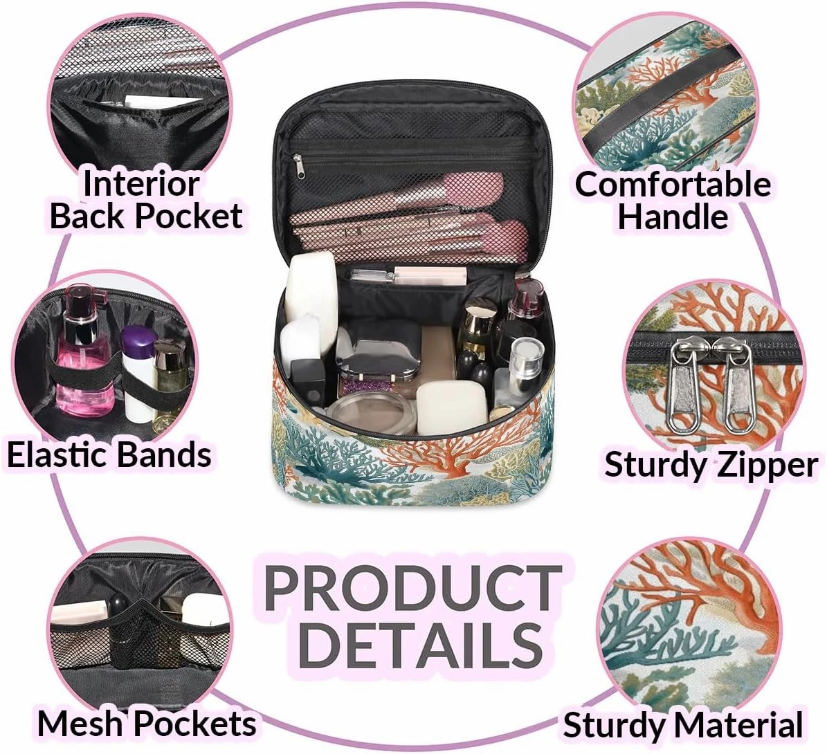 Makeup Bag Large Coastal Coral Toiletry Bag for Women Travel Cosmetic Bag Portable Makeup Bag for Bottles Brushes Lipstick Skin Care