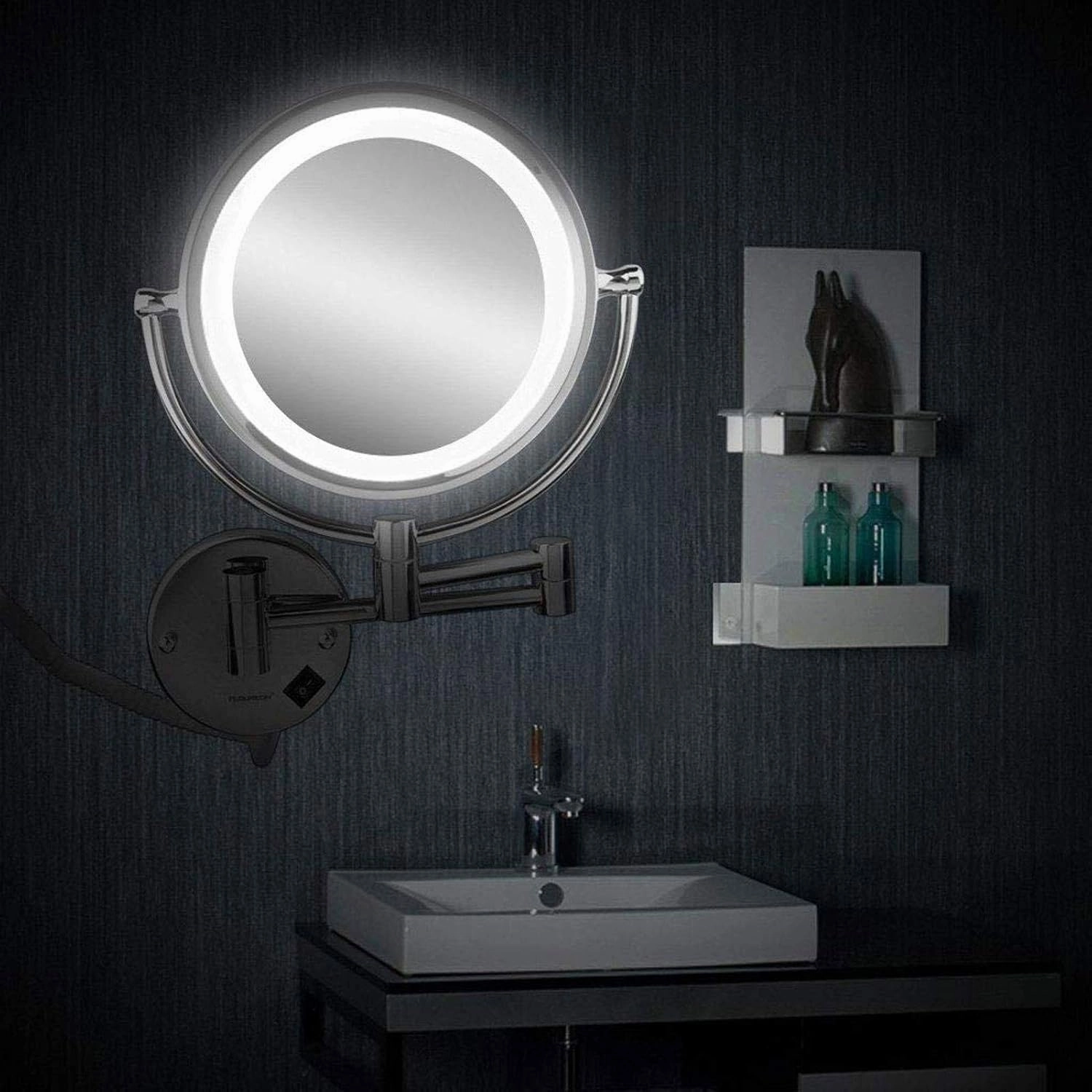 Makeup Mirror 10X Magnification Wall Mount Lighted, 8 Inch Double-Sided Swivel Wall Mounted Makeup Mirror Black Two Side 360 Swivel Cosmetic Face Extendable Vanity Mirrors