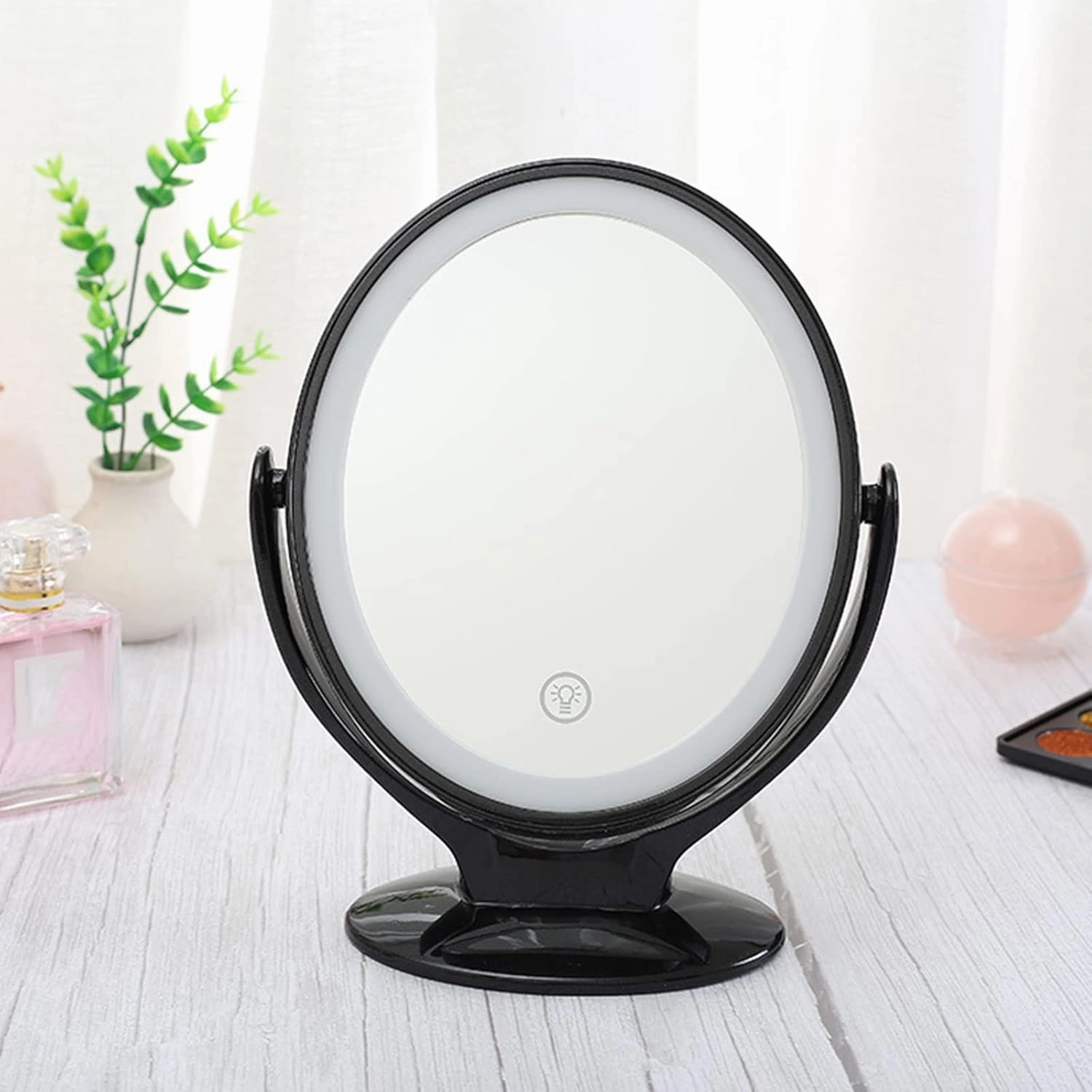 Makeup Mirror with Light, Double-Sided 1X/7X Magnifying Mirror,USB Rechargeable, 360° Rotating Freestanding LED Mirror for Makeup, Shaving,Black