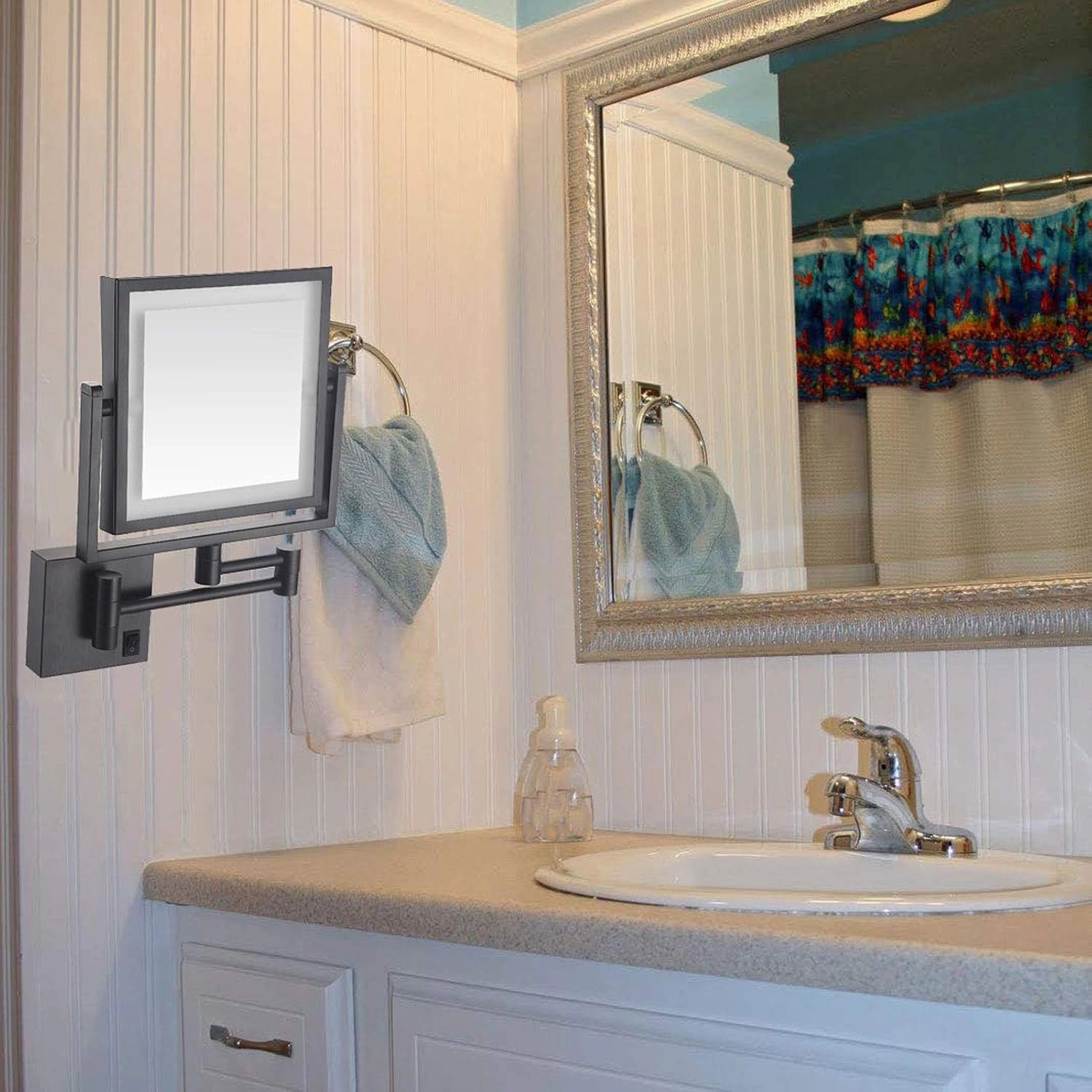 Makeup Mirror with Lights Wall Mount, Makeup Mirror Wall Mount Lighted, Black 8 Inch Double-Sided 360 Swivel Cosmetic Face Extendable Vanity Mirrors for Bathroom