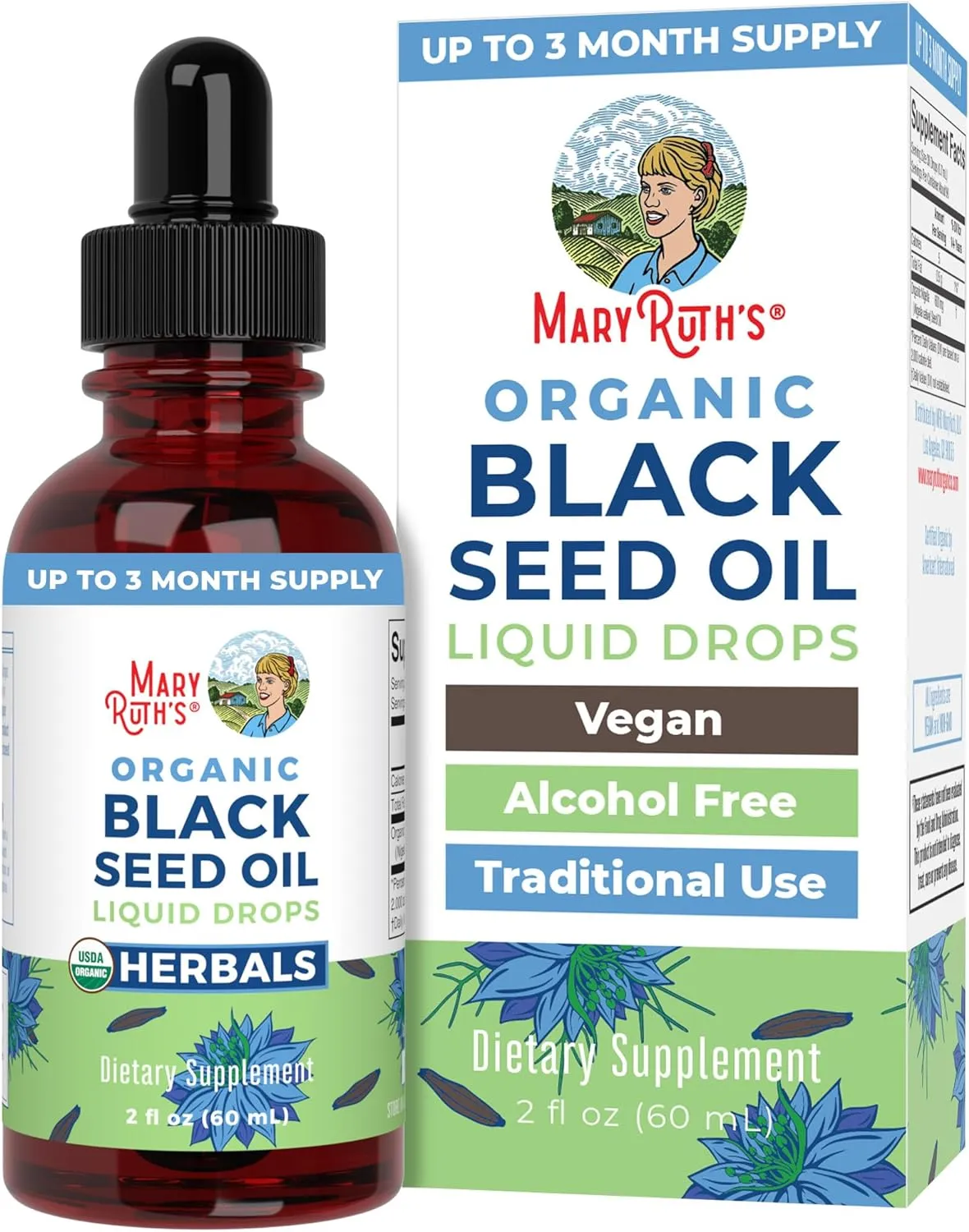 MaryRuth Organics Black Seed Oil Liquid Drops Cold Pressed, 3 Month Supply, USDA Organic Black Cumin Seed Oil, Immune Support, Respiratory Health, Sugar Free, Vegan, Non-GMO, Gluten Free, 2 Fl Oz