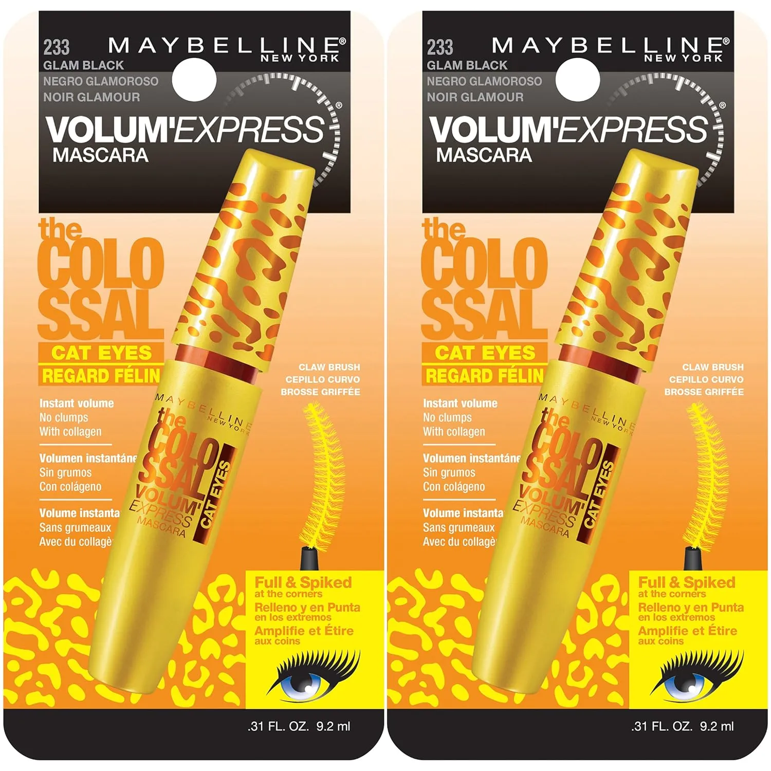 Maybelline New York Volum' Express The Colossal Cat Eyes Washable Mascara Makeup, Glam Black, 2 Count, Washable Glam Black