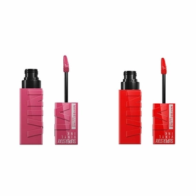 MAYBELLINE Super Stay Vinyl Ink Longwear No-Budge Liquid Lipcolor Makeup Bundle with Fire Engine Red 0.14 fl oz and Rose Mauve Nude 0.14 fl oz