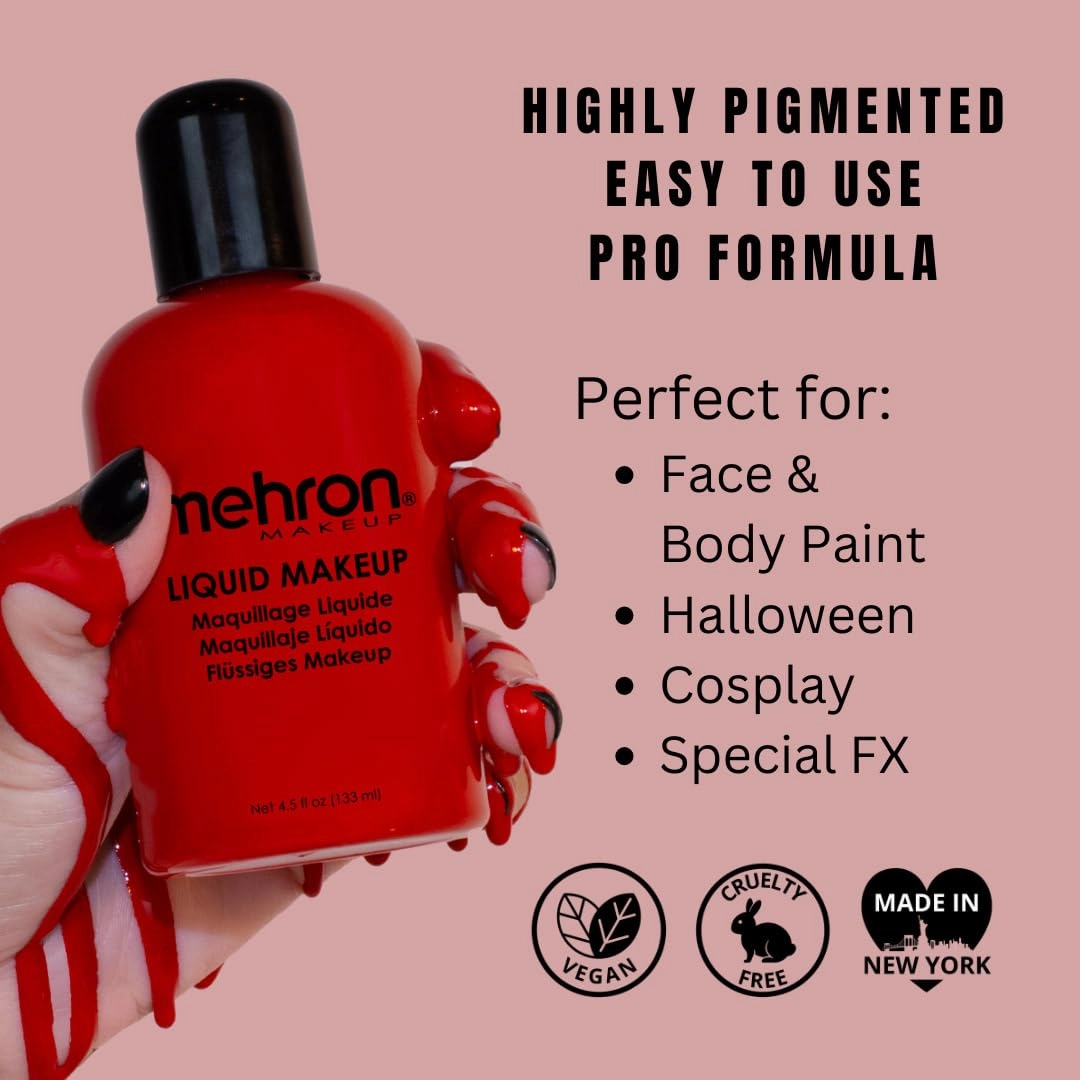 Mehron Makeup Liquid Makeup | Face Paint and Body Paint Perfect for Halloween, Cosplay I Air Brush Compatible 4.5 oz (133 ml) (Red)
