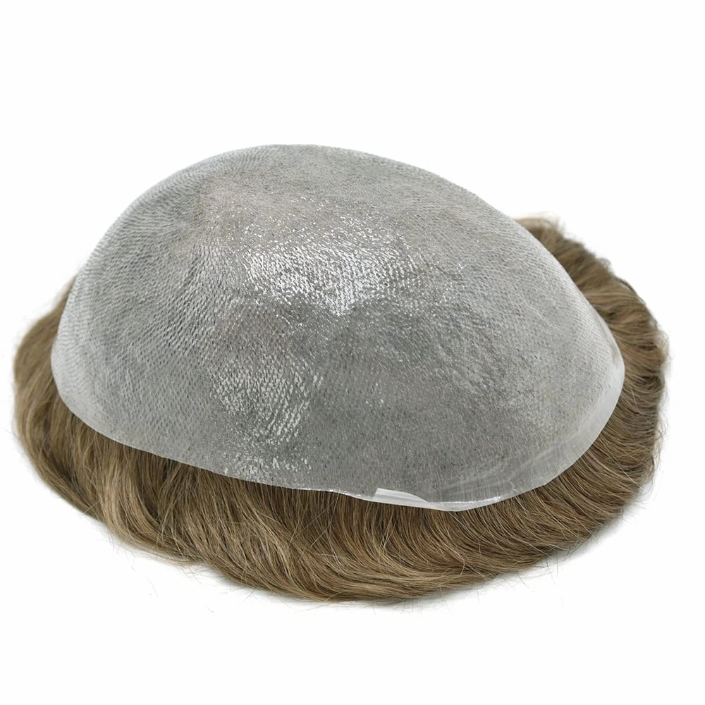 Men Toupee Hair Thin Skin 0.06 Men's Toupee Hair Piece Remy Human Hair System Mens Hairpieces Invisable Hairline Protesis Capilar Para Hombre(8''X10''-90% density, 1820#18 MEDIUM BLONDE 20% GREY)