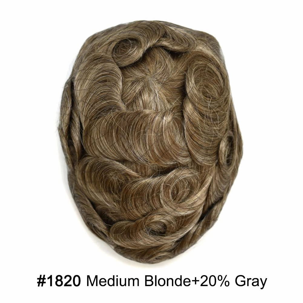 Men Toupee Hair Thin Skin 0.06 Men's Toupee Hair Piece Remy Human Hair System Mens Hairpieces Invisable Hairline Protesis Capilar Para Hombre(8''X10''-90% density, 1820#18 MEDIUM BLONDE 20% GREY)