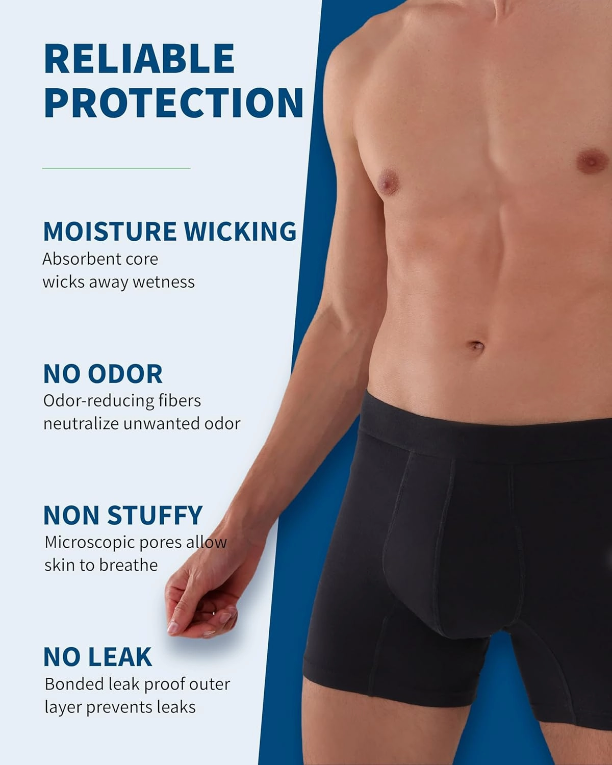 Mens Washable Incontinence Underwear, 2.3 oz Absorbency Reusable Leak Proof Odor Control Trunks 1 Pack(Black, L)