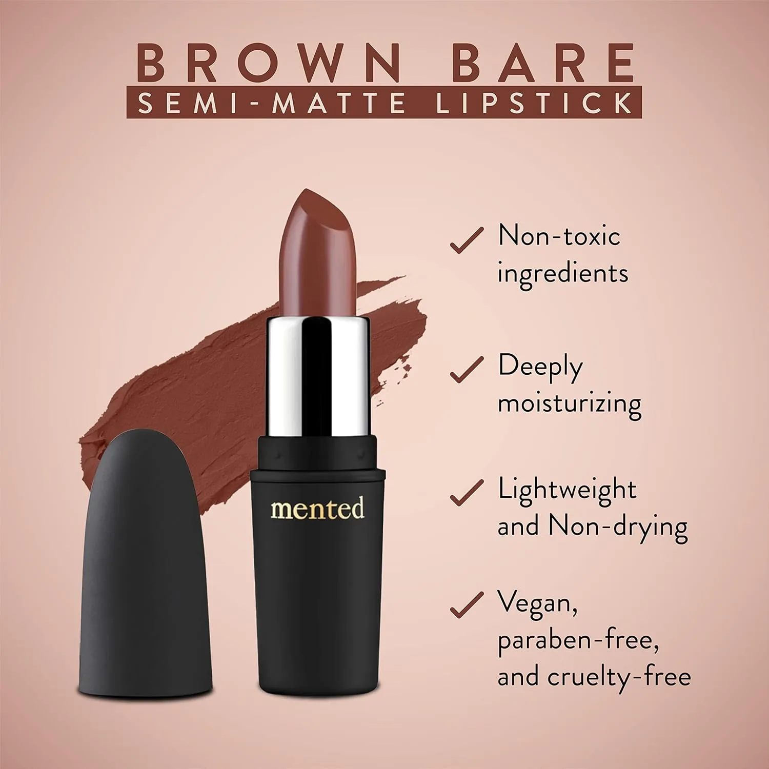 Mented Cosmetics Nude Lipstick for Women, Semi-Matte Long-Lasting Lip Stick, Moisturizing Vegan, Paraben & Cruelty-Free, Enhances All Complexions, Perfect for Everyday Makeup, Brown Bare