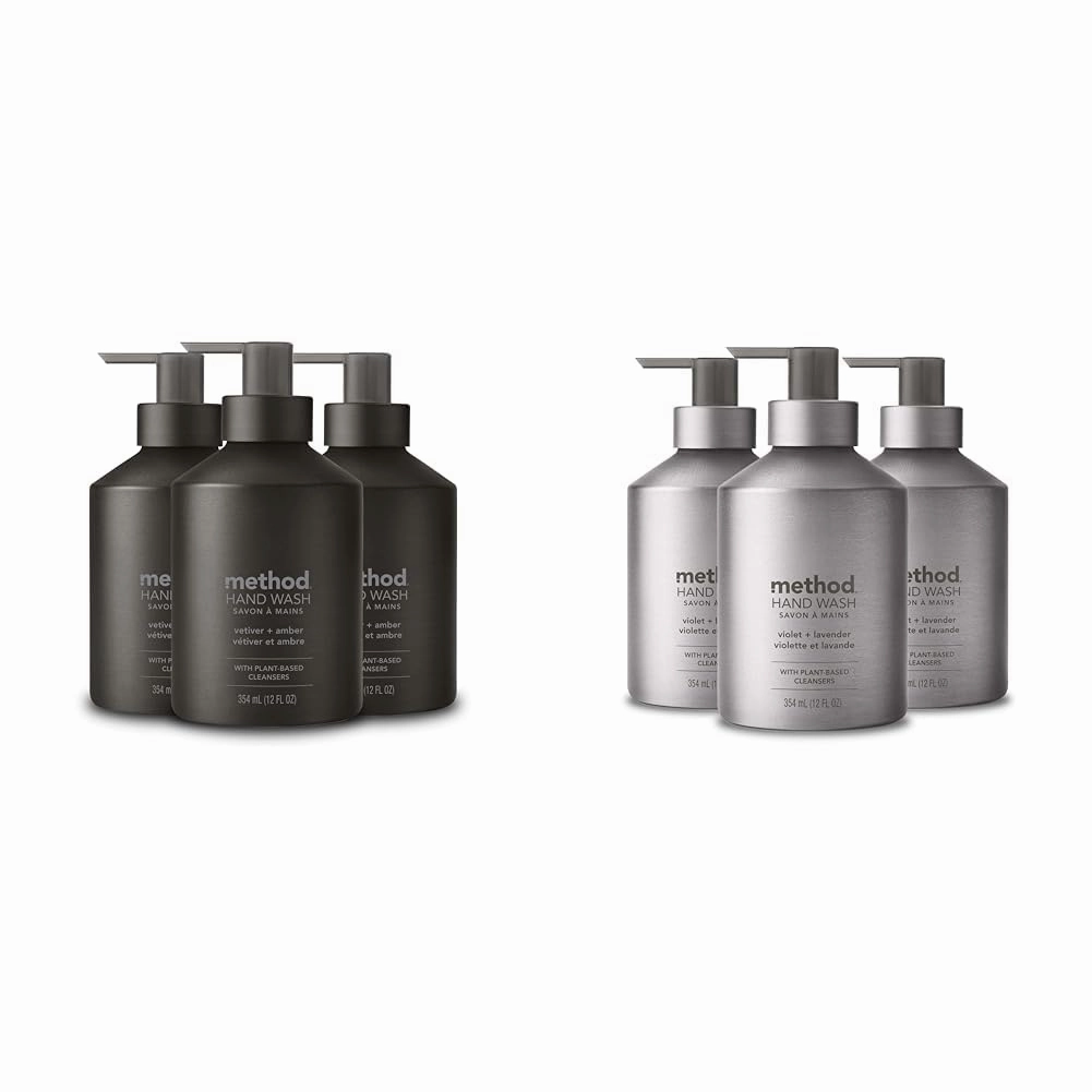 Method Gel Hand Soap, Vetiver   Amber, Reusable Black Aluminum Bottle & Gel Hand Soap, Violet   Lavender, Reusable Silver Aluminum Bottle, Biodegradable Formula, 12 oz (Pack of 3)
