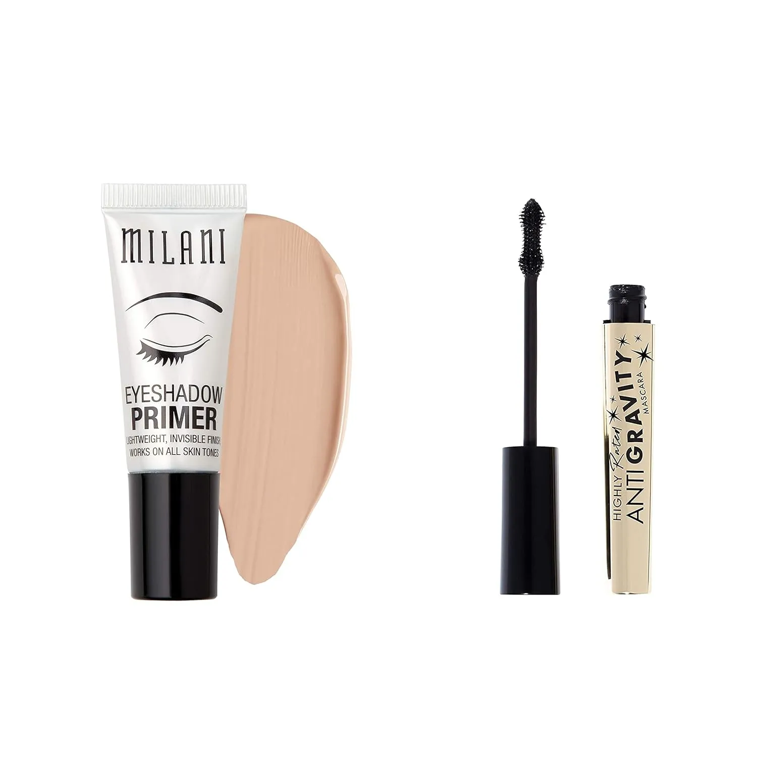Milani Eyeshadow Primer & Milani Highly Rated Anti-Gravity Black Mascara with Castor Oil and Molded Hourglass Shaped Brush
