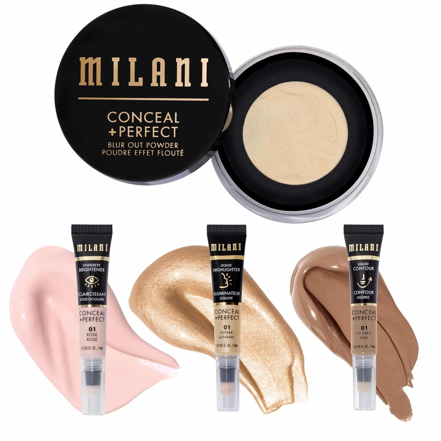 Milani Conceal   Perfect Blur Out Powder and Facelift Collection Kit 1: Honey Contour, Lunar Highlighter, Rose Undereye Brightener
