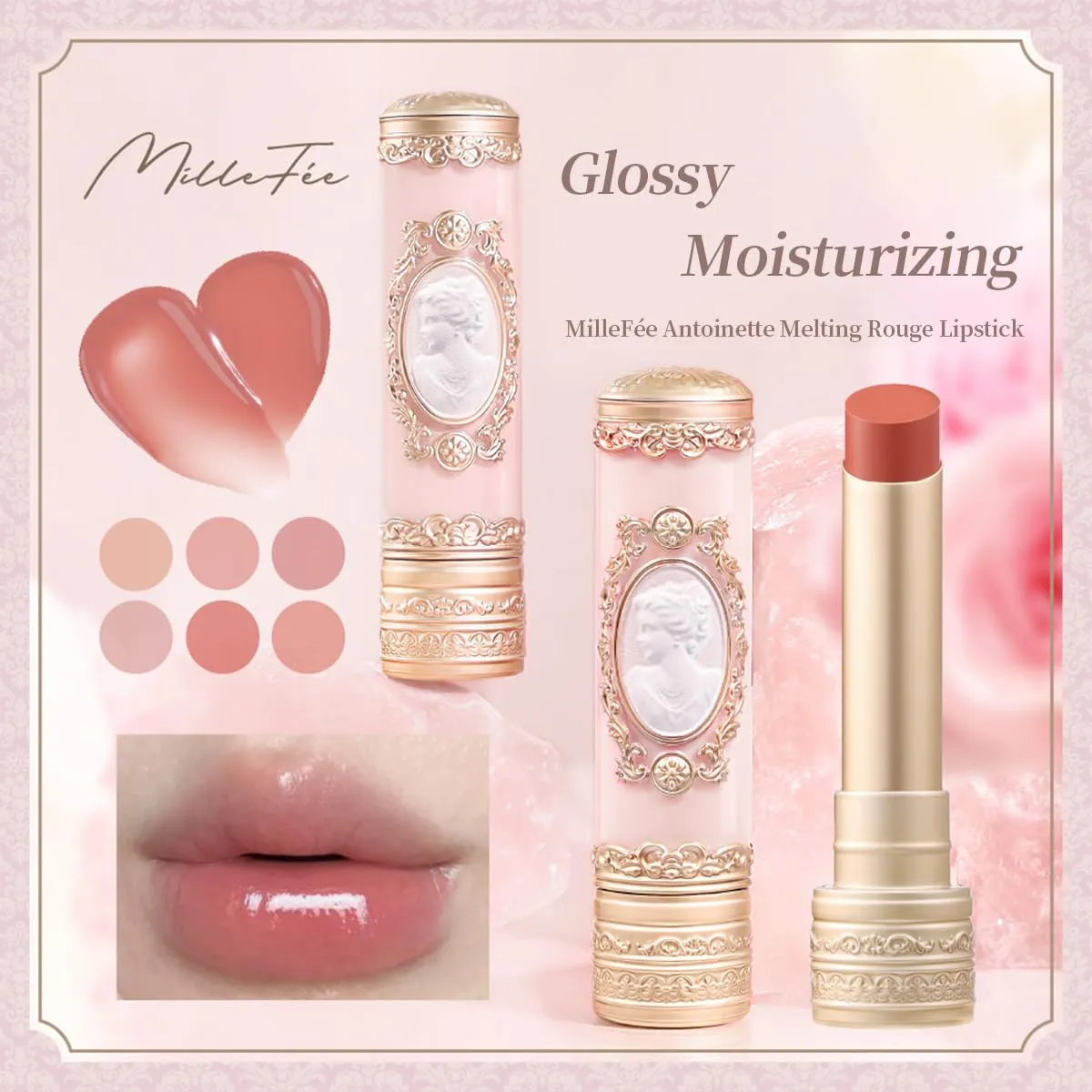 Millefee Antoinette Melting Rouge Lipstick, Highly Moisturizing, Transparent, Yeve, Brevet, Gift, Present, Carving Lip, Melting Texture, Fragrant, MilleFee (06 Orange Soleil)