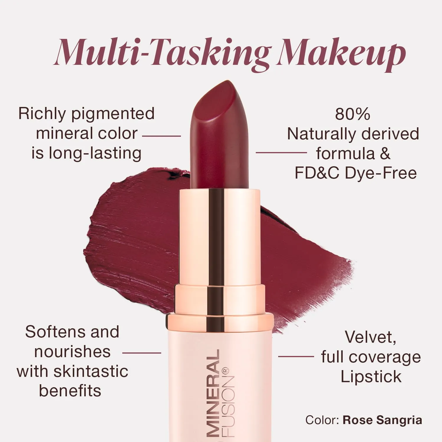 Mineral Fusion Lipstick, Vivid & Smudge-Free Lip Color with Avocado Oil, Cocoa Seed Butter & More, Long-Lasting Vegan Lipstick, FD&C Dye-Free, Cruelty-Free, Paraben-Free, Gluten Free, Rose Sangria