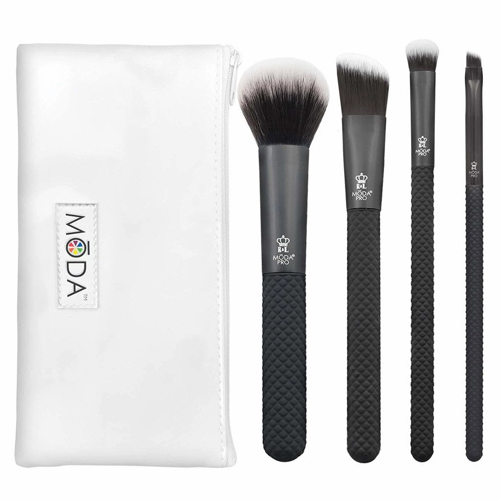 MODA Royal & Langnickel Pro Full Size Everyday 5pc Makeup Brush Set with Pouch, Includes - Multi-Purpose Powder, Angle Foundation, Domed Shadow, and Angle Eyeliner Brushes, Black