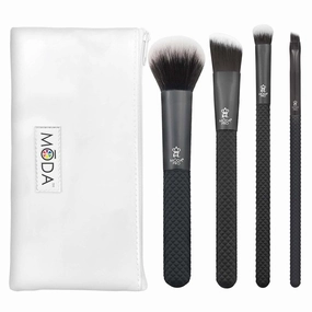 MODA Royal & Langnickel Pro Full Size Everyday 5pc Makeup Brush Set with Pouch, Includes - Multi-Purpose Powder, Angle Foundation, Domed Shadow, and Angle Eyeliner Brushes, Black