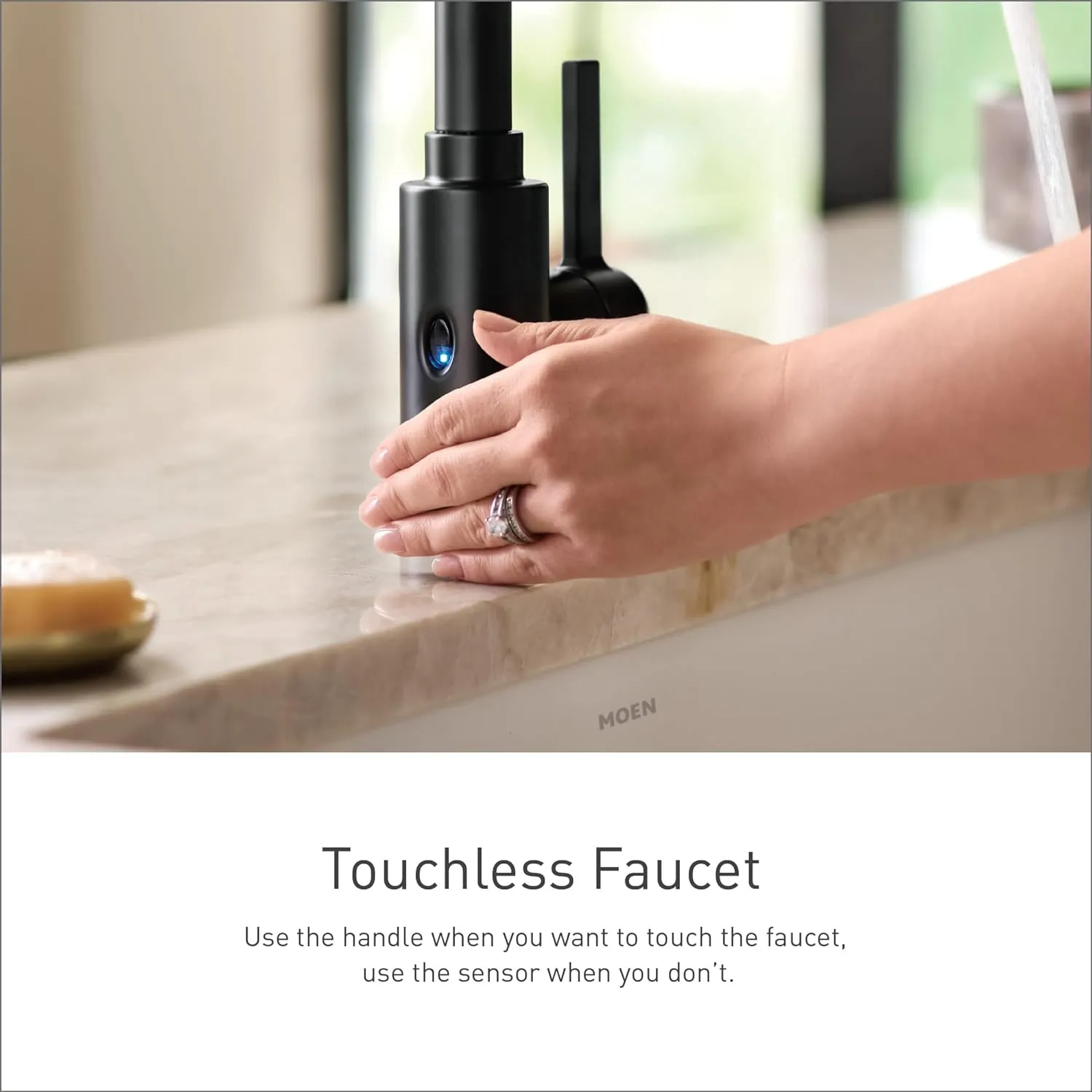 Moen Essie Mediterranean Bronze MotionSense Wave One-Handle Touchless Kitchen Faucet with Pulldown Sprayer and Soap Dispenser, 87014EWBRB
