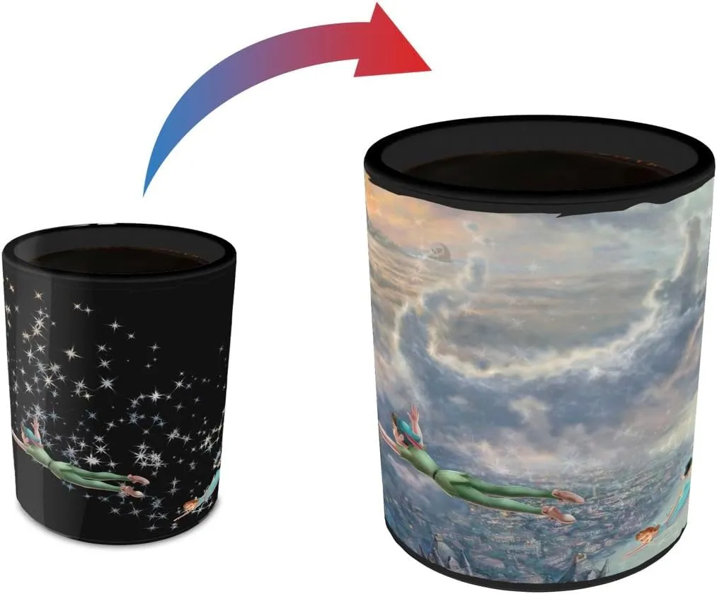 Morphing Mugs Disney - Tinker Bell and Peter Pan Fly to Never Land – Thomas Kinkade Studios – One 16 oz Heat Sensitive Clue Mug – Full Image Revealed When HOT Liquid Is Added