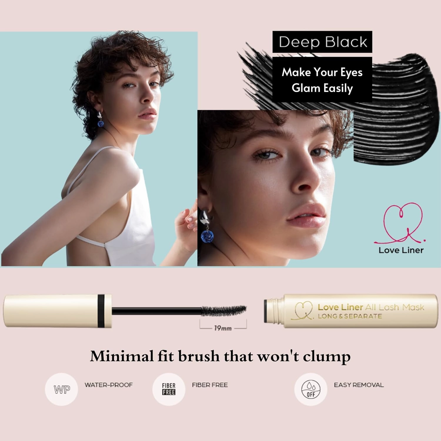 MSH Love Liner Waterproof Mascara, Resistant to Sweat, Sebum & Tears, Precise & Fiber-Free Curved Brush, Japanese Eye Makeup w/Beauty Serum, 1.05 Oz/30g, Deep Black