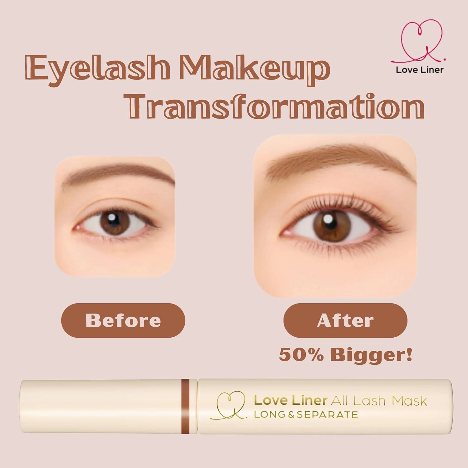 MSH Love Liner Waterproof Mascara, Resistant to Sweat, Sebum & Tears, Precise & Fiber-Free Curved Brush, Japanese Eye Makeup w/Beauty Serum, 1.05 Oz/30g, Melty Brown