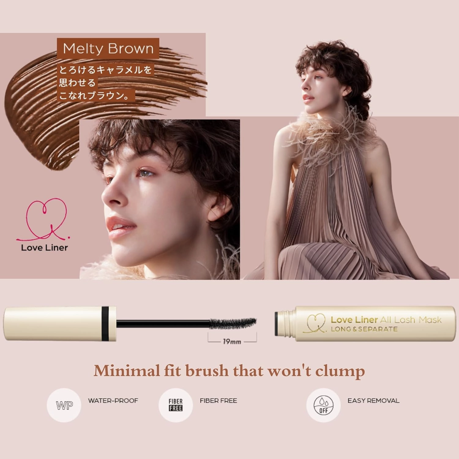 MSH Love Liner Waterproof Mascara, Resistant to Sweat, Sebum & Tears, Precise & Fiber-Free Curved Brush, Japanese Eye Makeup w/Beauty Serum, 1.05 Oz/30g, Melty Brown