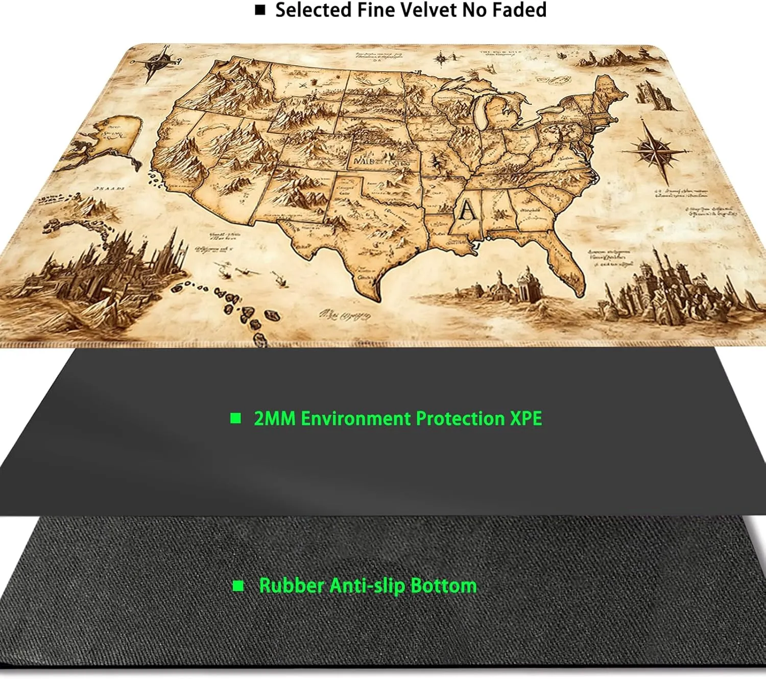MTG Playmat Magic Card Playmat Games Mat,TCG & CCG Card Games PlayMat with Free Storage Bags Size 24 x 14 Inches (No with Zones,USMap)