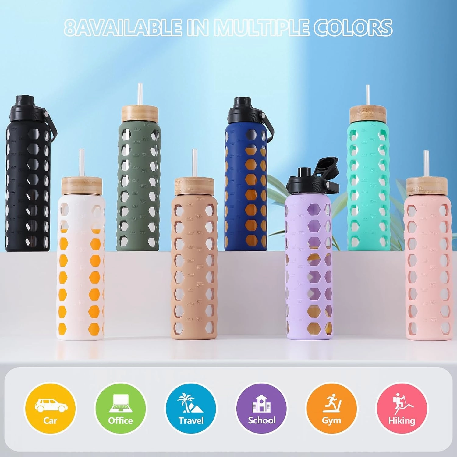 MUKOKO Glass Water Bottles, 32oz Glass Tumbler with Straw, Drinking Bottles with 2 Lids-Handle Spout Lid&Bamboo Straw Lid, Motivational Water Bottle with Time Marker and Silicone Sleeve, 1 Pack-Black