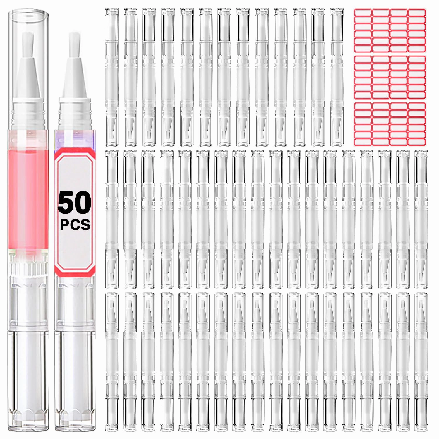 Nail Oil Pen 50Pcs 3ml Empty Cuticle Oil Pen Travel Transparent Twist Pens with Brush Tip for Nail Oil, Eyelash Growth Liquid Tube, Cosmetic Lip Gloss Container Applicators   72pcs Label