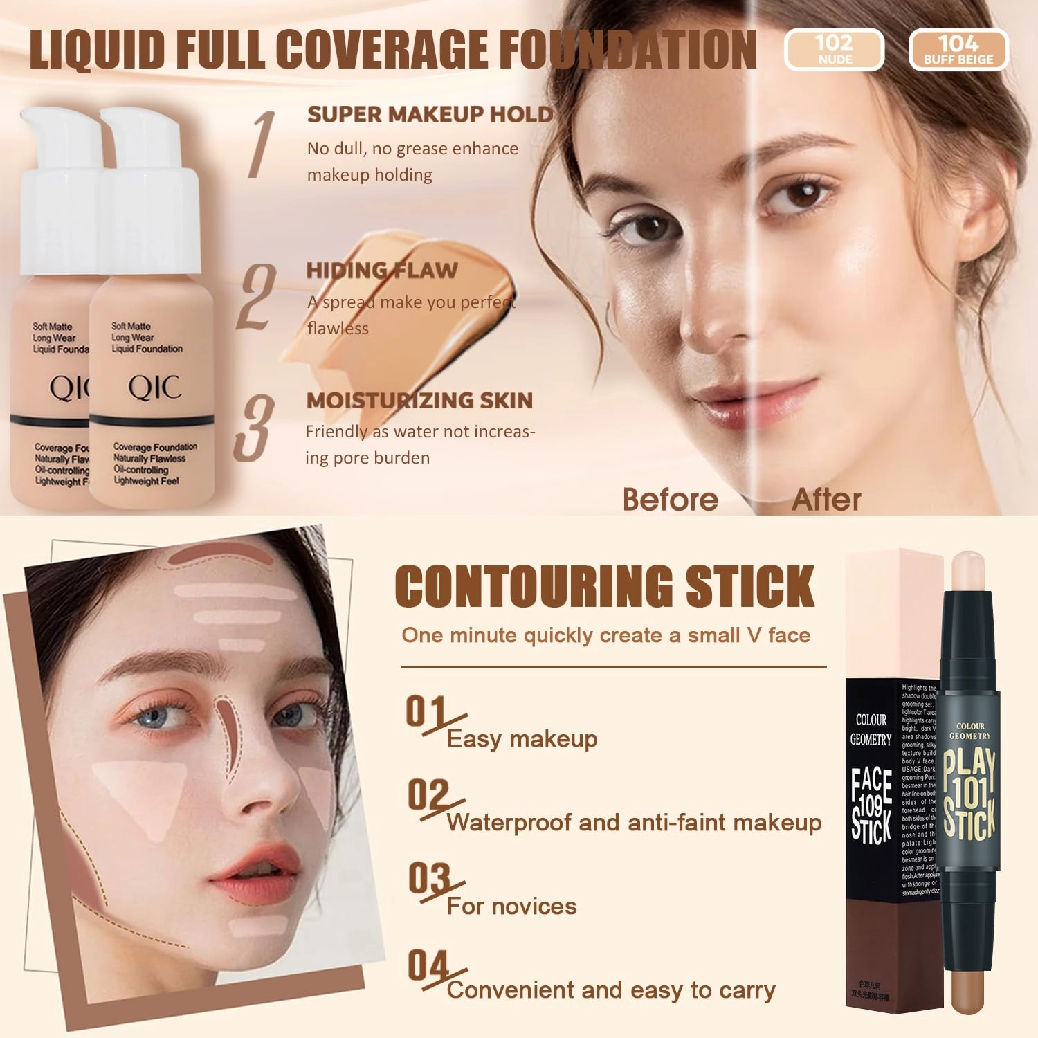 Naked Makeup Kit - Eyeshadow Palette, Liquid Foundation, Lipstick Set, Mascara, Makeup Brush, Sponge, Eyebrow Powder, Eyeliner Stamp, Primer, Contour Stick, Cosmetic Bag