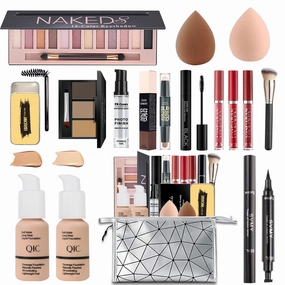 Naked Makeup Kit - Eyeshadow Palette, Liquid Foundation, Lipstick Set, Mascara, Makeup Brush, Sponge, Eyebrow Powder, Eyeliner Stamp, Primer, Contour Stick, Cosmetic Bag