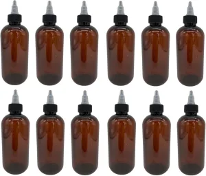 Natural Farms 8 oz Amber Boston Plastic Bottles - 12 Pack Empty Bottle Refillable - BPA Free - Essential Oils - Aromatherapy | Black/Natural Twist Top Cap - Made in the USA