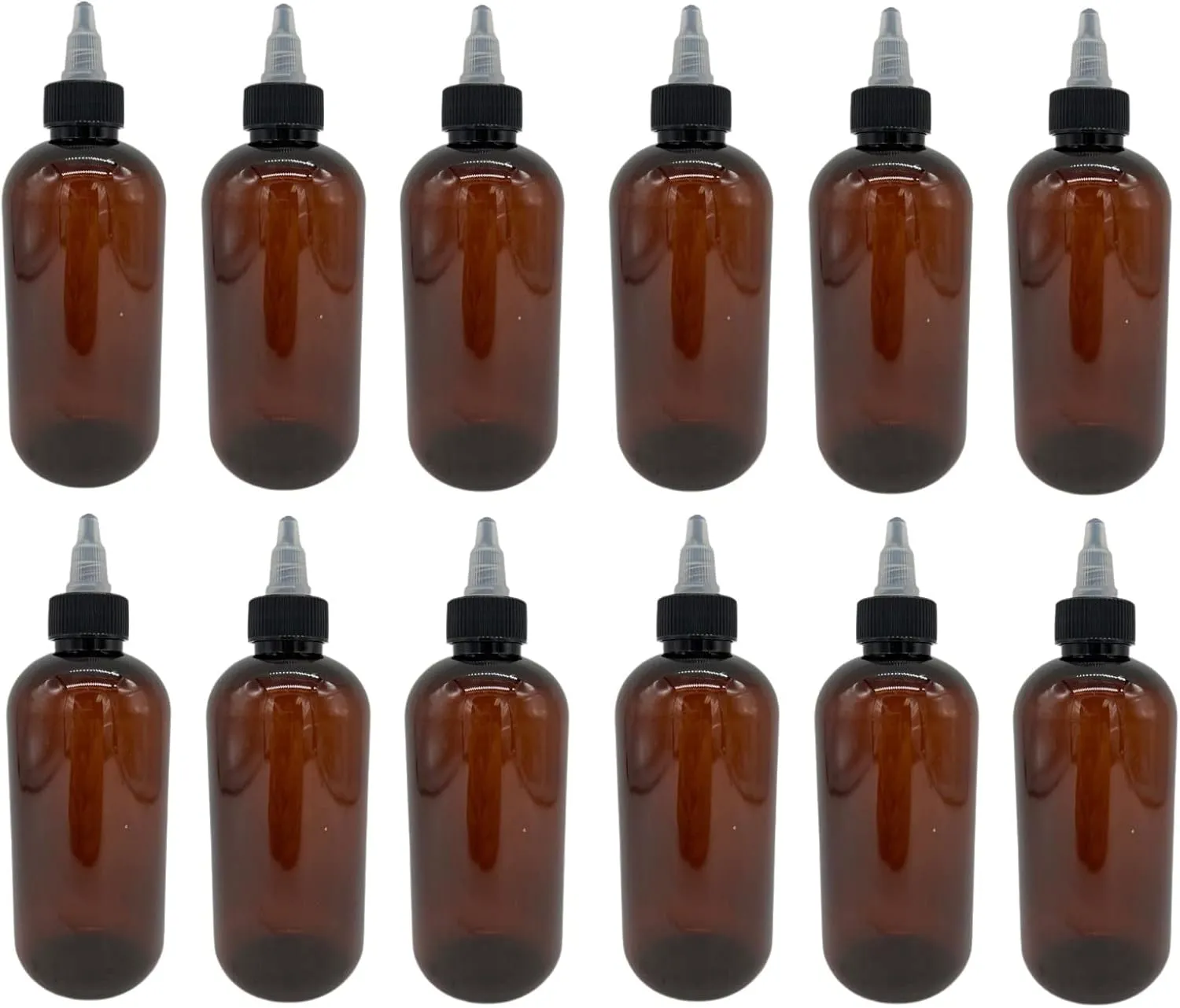 Natural Farms 8 oz Amber Boston Plastic Bottles - 12 Pack Empty Bottle Refillable - BPA Free - Essential Oils - Aromatherapy | Black/Natural Twist Top Cap - Made in the USA