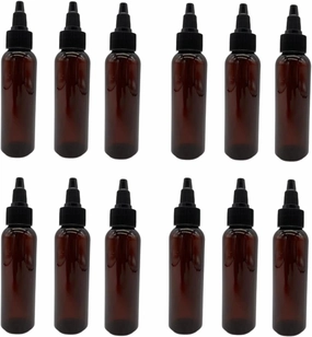 Natural Farms 2 oz Amber Cosmo Plastic Bottles -12 Pack Empty Bottle Refillable - BPA Free - Essential Oils - Aromatherapy | Black Twist Top Cap - Made in the USA