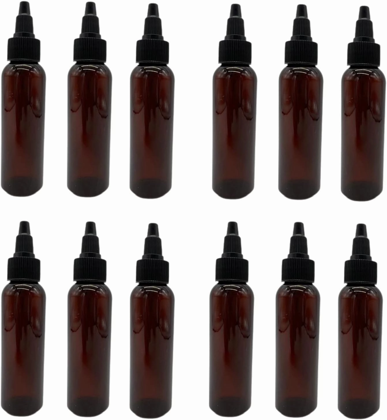 Natural Farms 2 oz Amber Cosmo Plastic Bottles -12 Pack Empty Bottle Refillable - BPA Free - Essential Oils - Aromatherapy | Black Twist Top Cap - Made in the USA