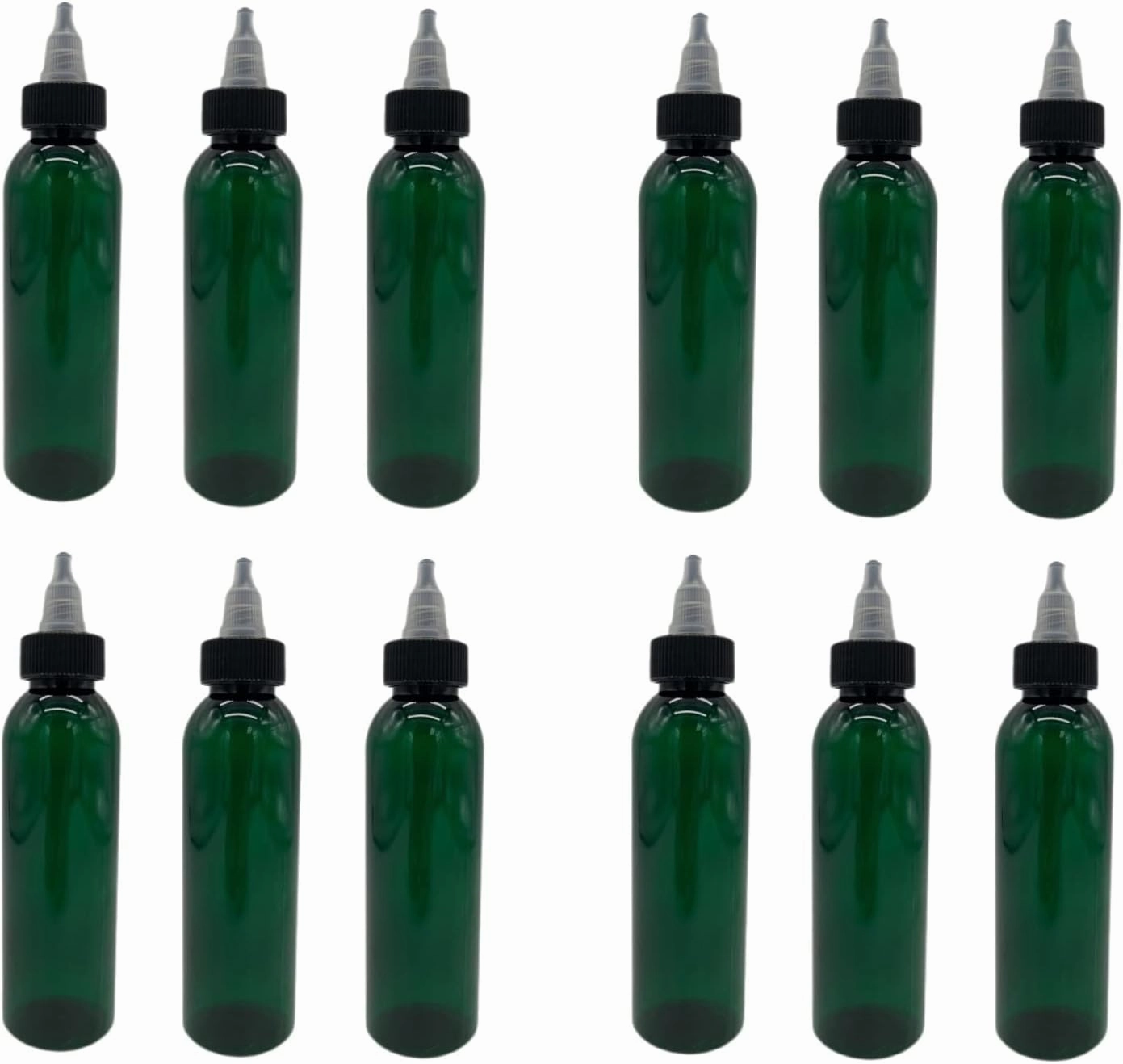 Natural Farms 4 oz Green Cosmo Plastic Bottles -12 Pack Empty Bottle Refillable - BPA Free - Essential Oils - Aromatherapy | Black/Natural Twist Top Cap - Made in the USA